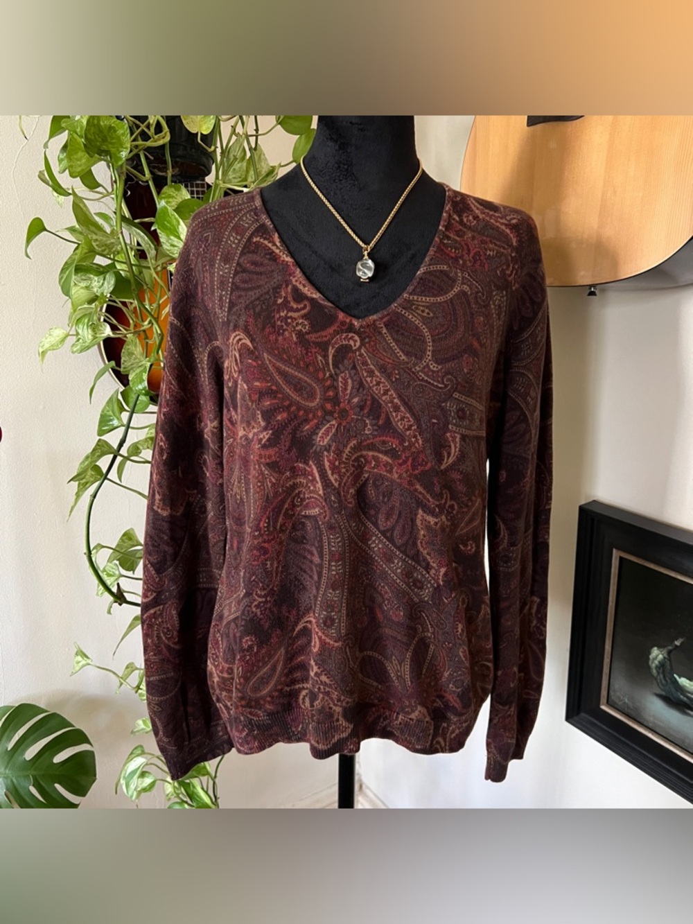 90s Chaps 100% Cotton Brown Paisley Sweater - Size Medium